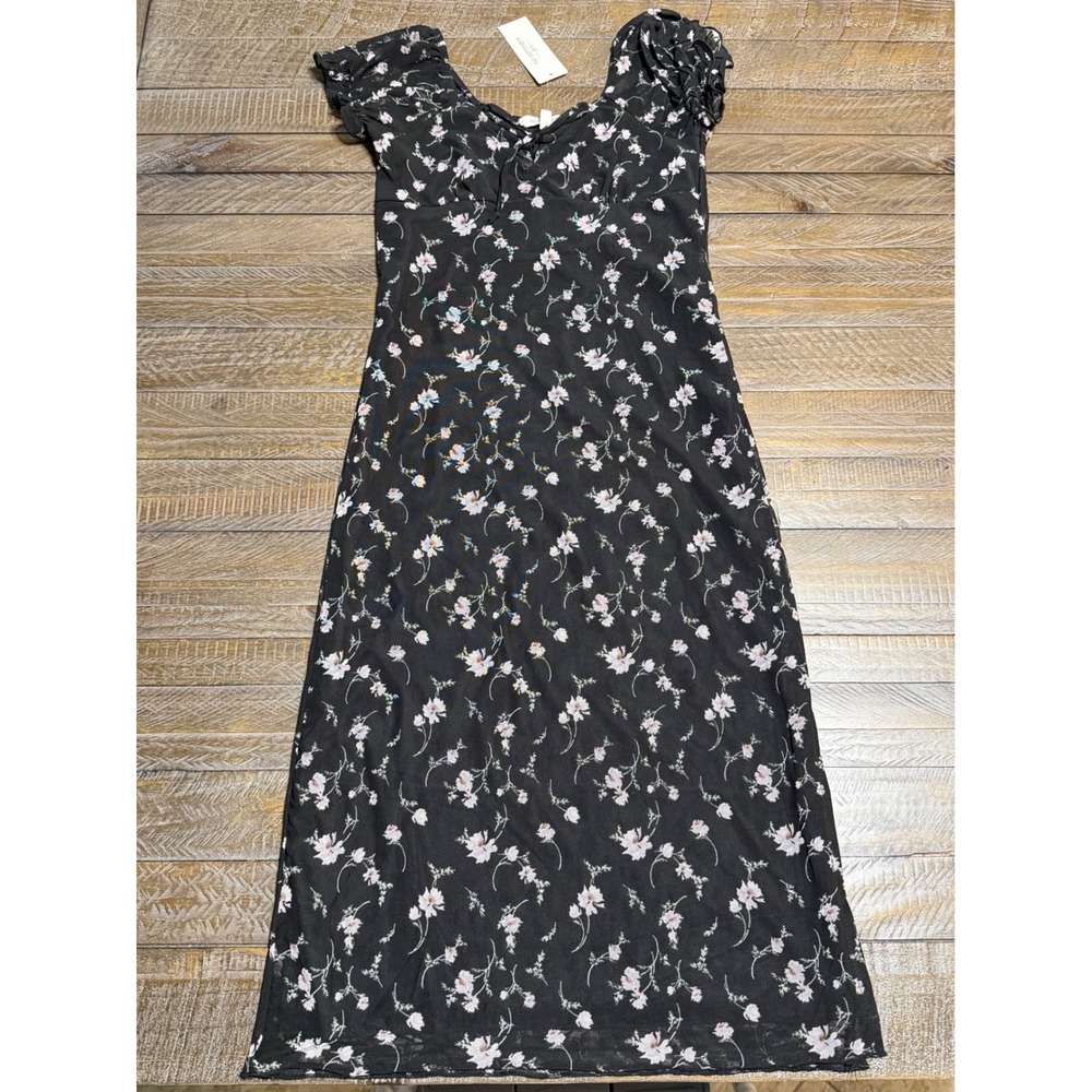 No Comment Floral Mesh Midi Dress Kids Size S 7/8 Black NWT Cottagecore Ruffle